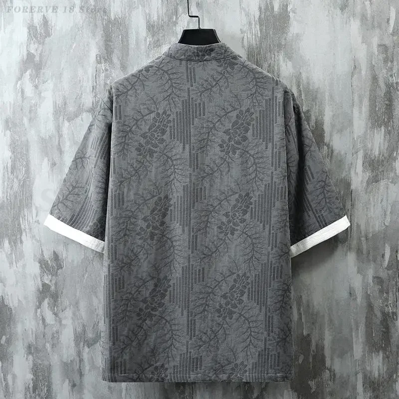 بلوزات رجالية مقاس كبير 6XL بدلة تانغ قميص عتيق بأزرار على الطراز الصيني التقليدي قمصان جاكار غير رسمية فضفاضة نصف كم