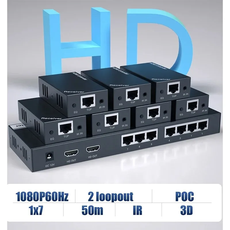 1080p POC Audio Video Splitter 1 in 7 out 50M 7 Way Extender OEM ODM High Resolution Video Splitter for Multiple Applications