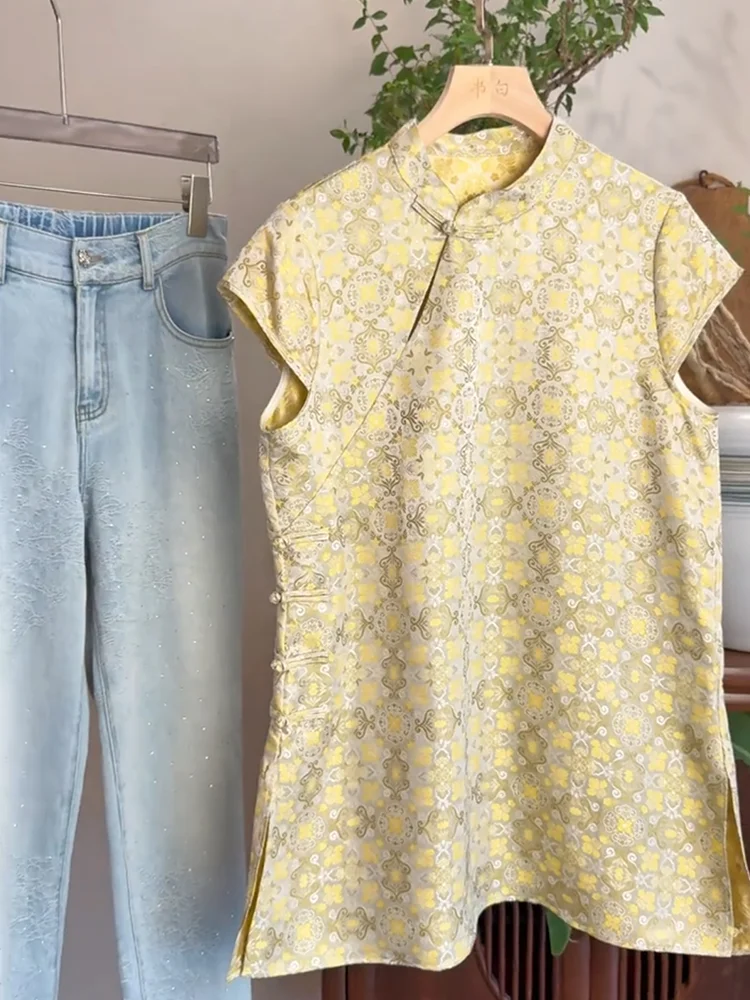 

Новинка: женская летняя повседневная блузка с цветочным принтом, застежкой на пуговицы и боковым разрезом, больших размеров, для похудения, в китайском стиле.