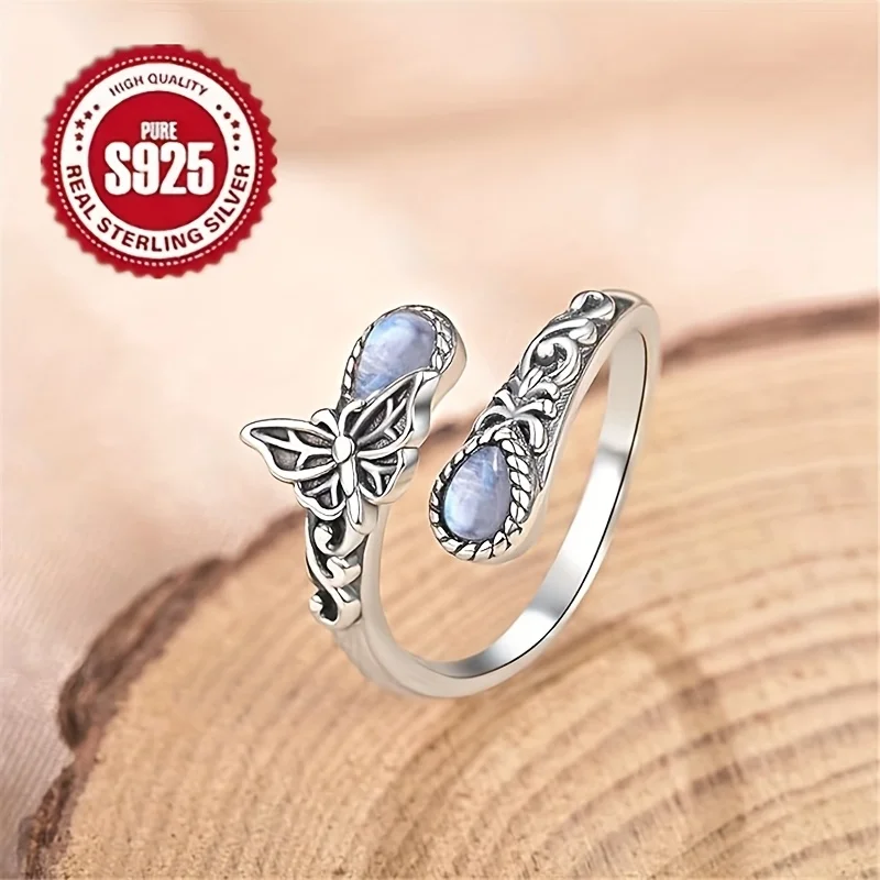 

Винтажное кольцо с бабочкой и лунным камнем - посеребренное регулируемое кольцо для женщин, персонализированные ювелирные изделия из натурального камня
