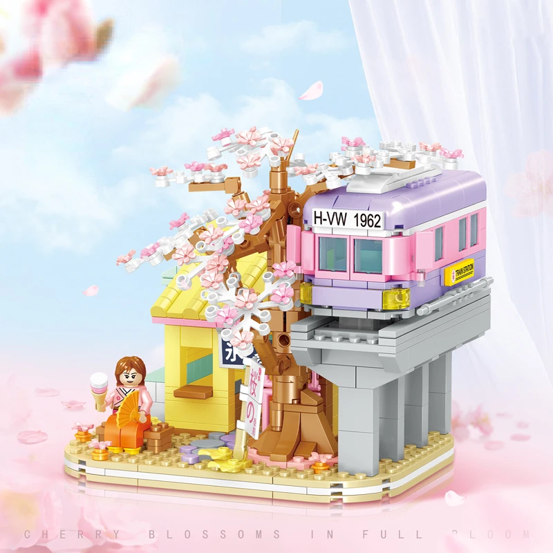 High-speed Rail Cherry Blossom Building Blocks Children's Assembly Toys Educational Street View House Hut Holiday Gift