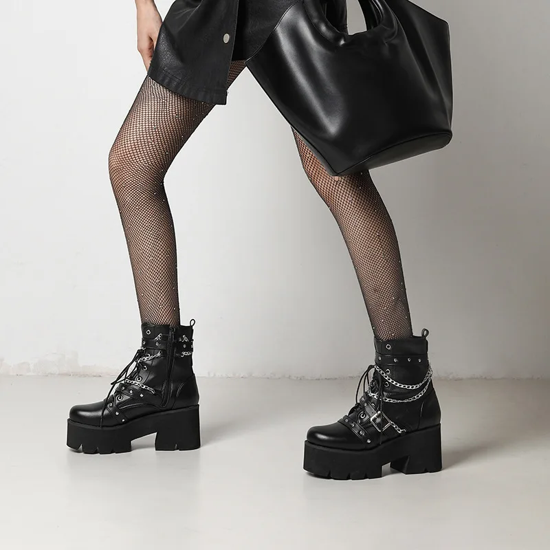 Women's Black Platform Ankle Boots | Punk Chain Accent, Dark Fashion Essential Footwear