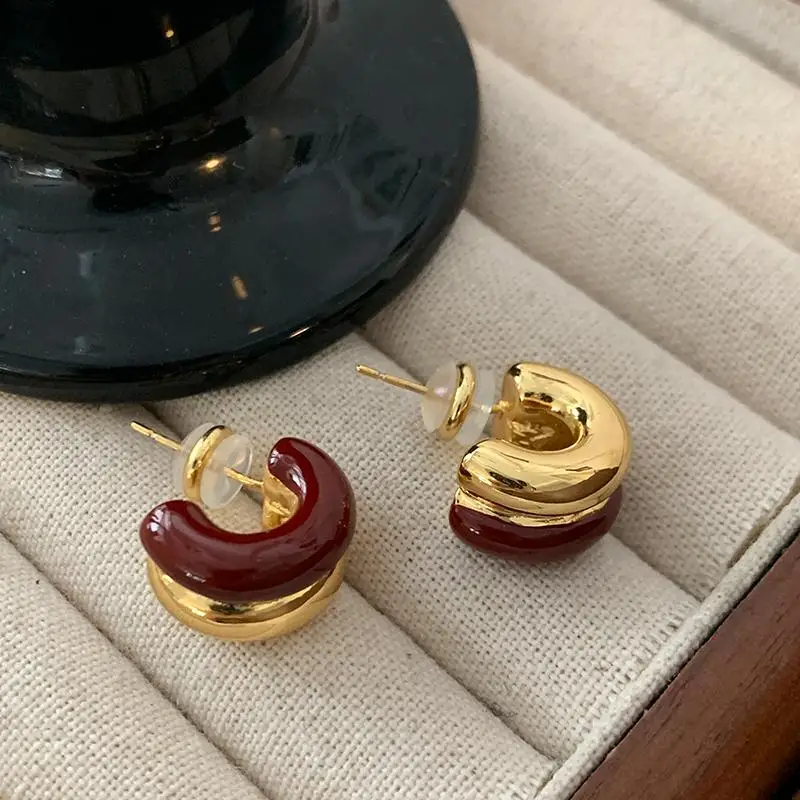Copper alloy C-shaped Color Blocked Enamel Earrings Simple and Versatile Jewelry Fashion and Elegant Ear Accessories for Womens