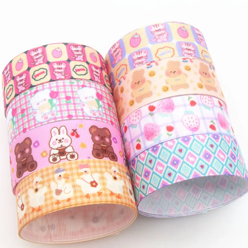 DHK 50yards Bear Tiger Duck Kawaii Printed Grosgrain Ribbon Accessories Material Headwear Decoration DIY Sewing Craft S1788