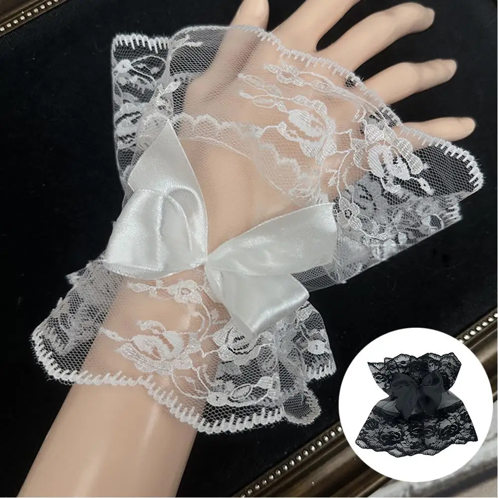 Women Fake Arm Sleeves With Bowknot White And Black Pleated Cuff Sweather Top Lace Wrist Cuffs Lolita Cosplay Accessories DIY