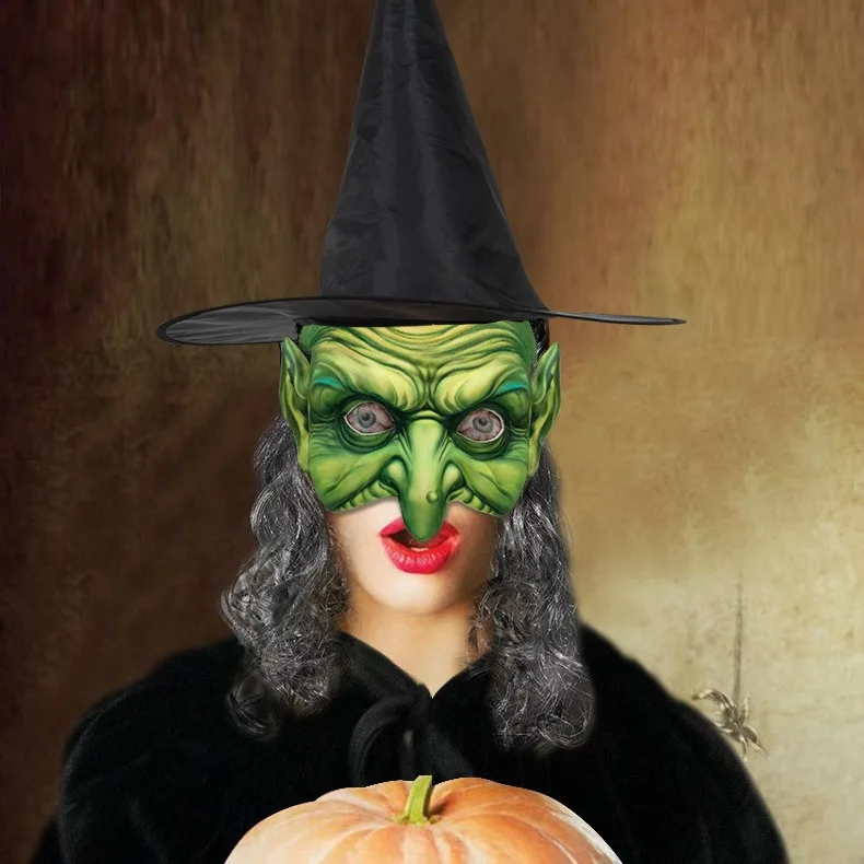 Halloween Hexen masken Cosplay böse alte Dame Party Kostüm Zubehör Eva Masken gegen Perücke großen spitzen Hut Karneval Maskerade Requisiten – Detail 1