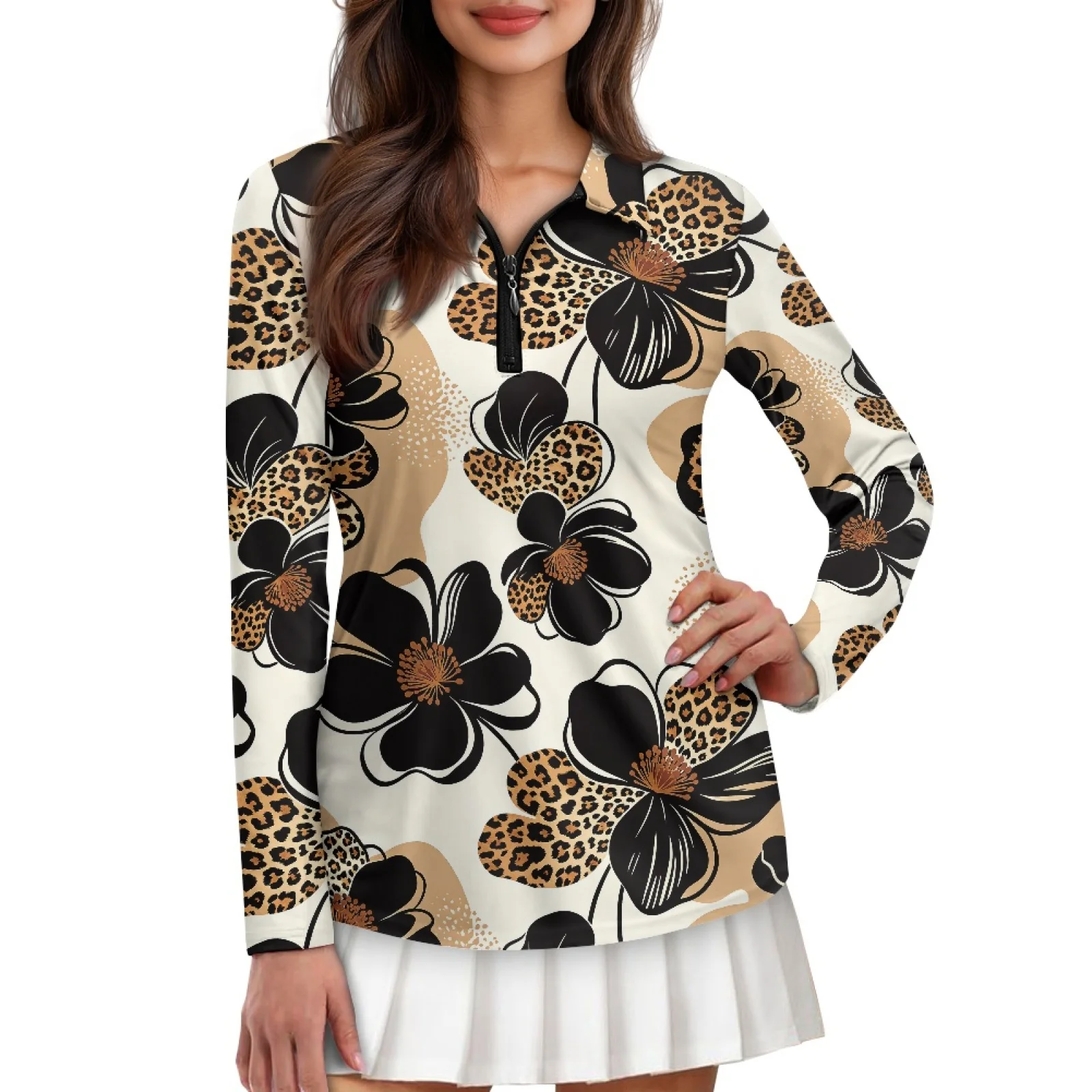 PENSTROLL Leopard Womens Long Sleeve Golf Polos Shirts Breathable Athletic Blouses for Hiking