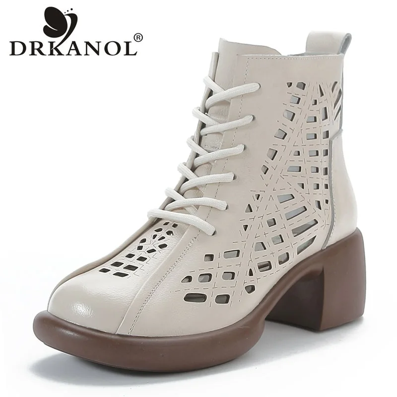 DRKANOL New Women Summer Ankle Boots Breathable Hollow Thick High Heel Casual Shoes Fashion genuine Leather Retro Short Boots