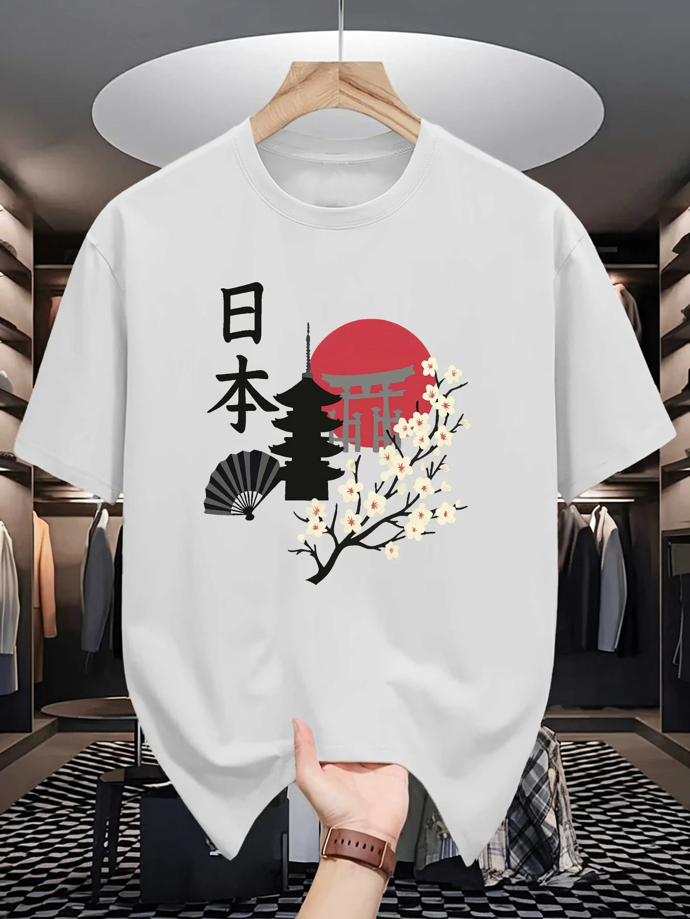 Mens Japan Graphic Tee Sakura Torii Pagoda Red Sun Fan Print O Neck Short Sleeve Cotton Tops For Daily Holiday Wear Culture Fans