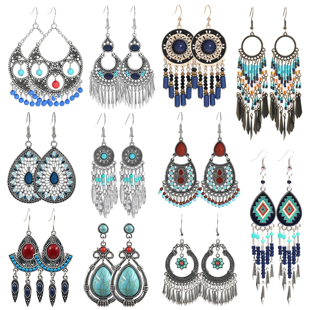 Boho Runde Perle Quaste Ohrring für Frauen Vintage Geometrische Blume Emaille Türkis Intarsien Ohrringe Metall Lange Anhänger Schmuck