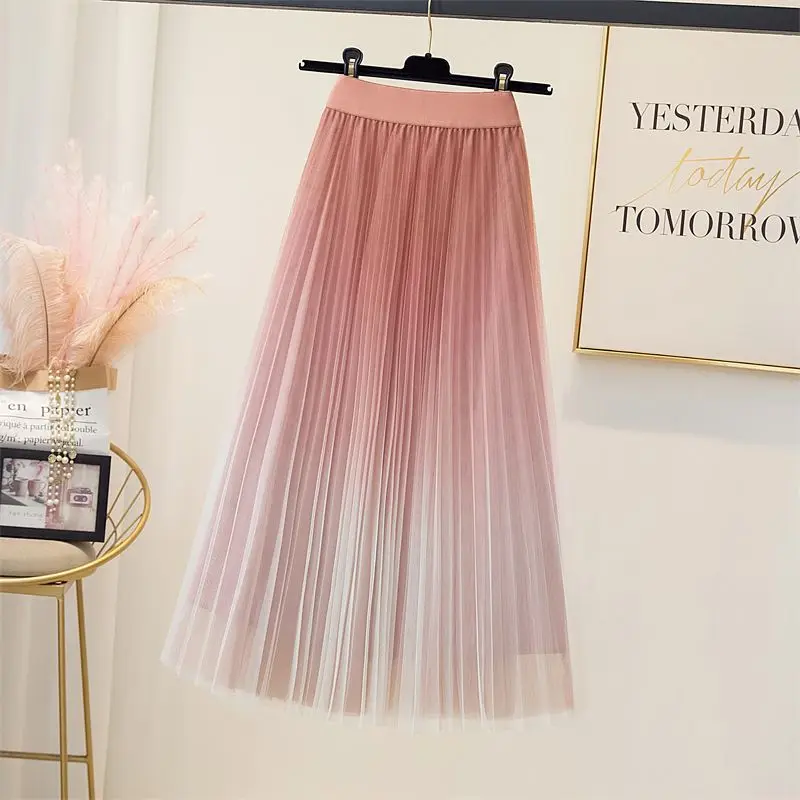 Summer Elegant Fashion Harajuku Slim Fit Female Clothes Loose Casual Sweat All Match Pleated Skirt Gradient High Waist Skirts