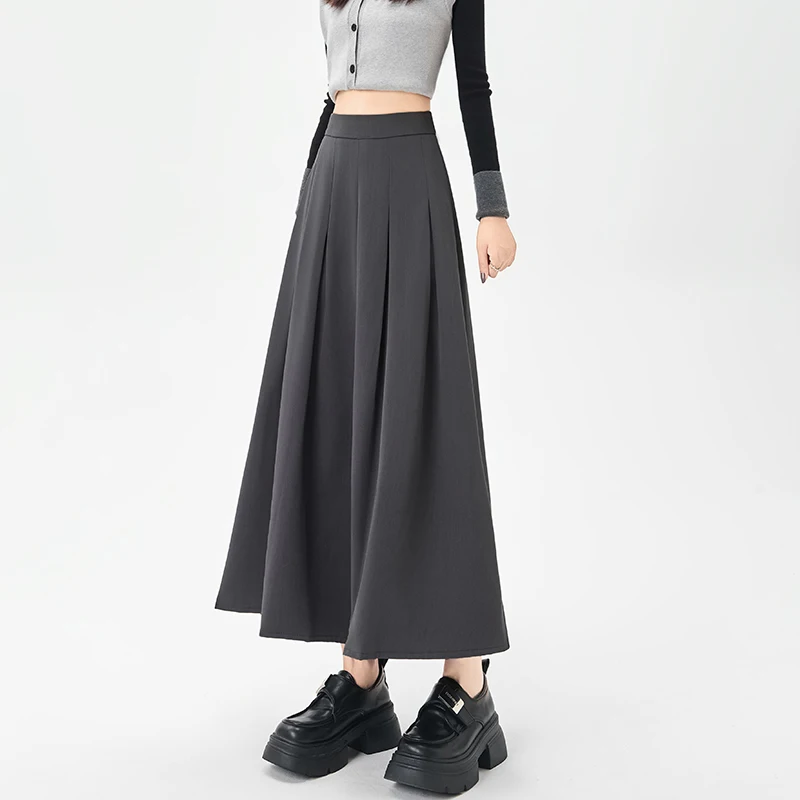 Herfst Hoge Taille Eenvoudige Basic Vrouwen Rok Casual Losse Effen Kleur Chique Vrouw Rok Zwart Grijs Mode A-lijn Rok Vrouwelijke