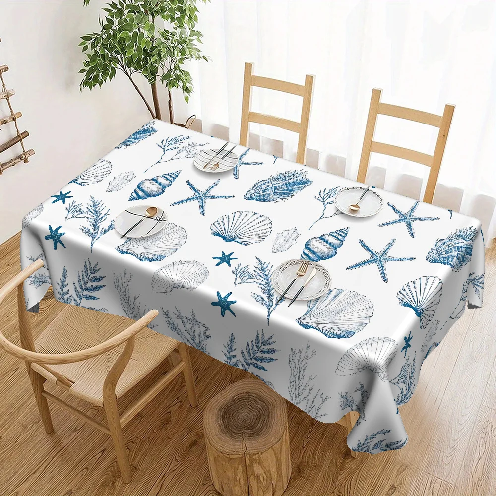 Summer Ocean Rectangle Tablecloth for Table Decor Blue Shells Starfish Seaweed Conch Kitchen Dining Table Cloth Wedding Decor