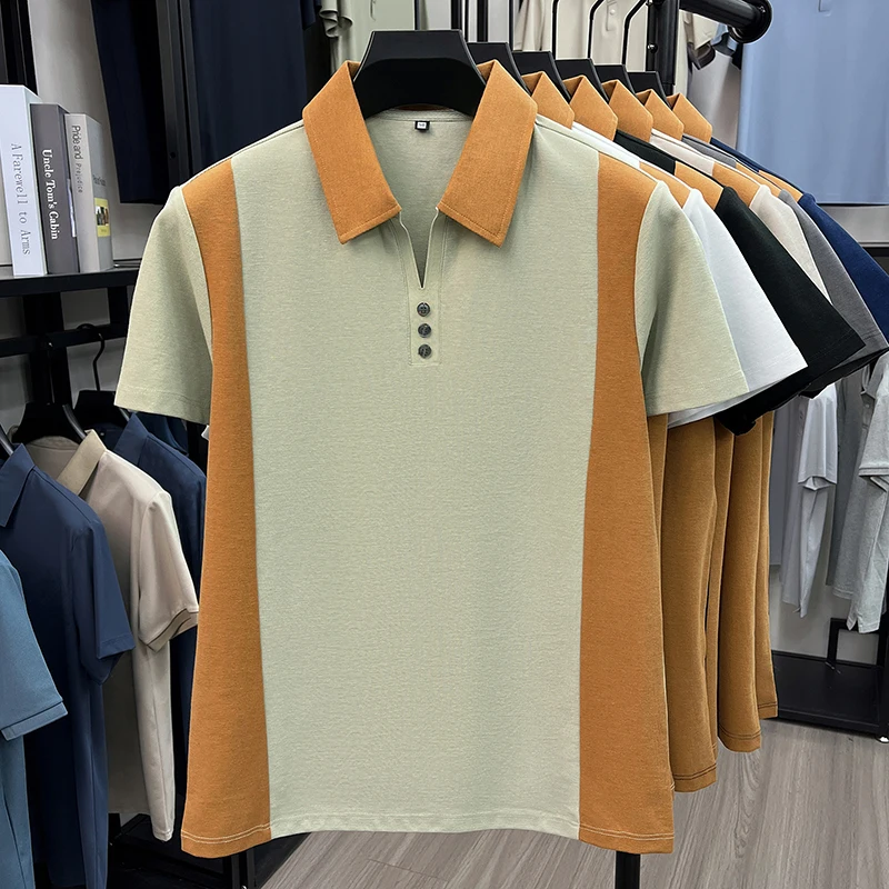 Hochwertiges Marken-Poloshirt aus Seide und Baumwolle mit kurzen Ärmeln bequemes atmungsaktives Herren-T-Shirt Sommer neue Mode Farbblockierung lässiges Oberteil – Detail 11