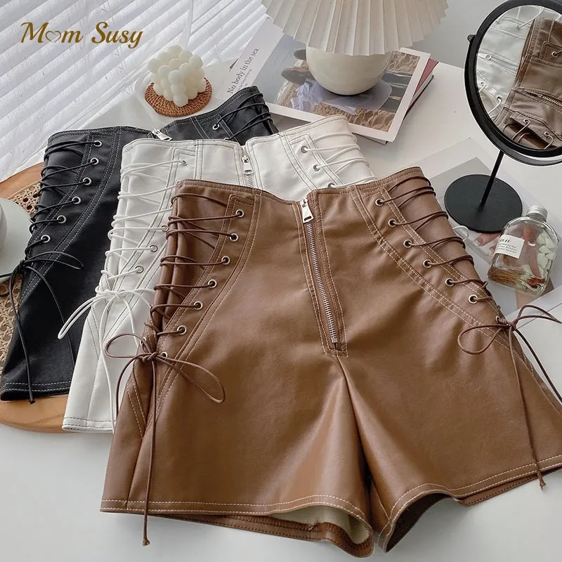 Fashion Girl PU Leather Lace Up Shorts Toddler Teen Child Leather High Waist Shorts Wide Leg Short Pant Baby Clothes 2-16Y