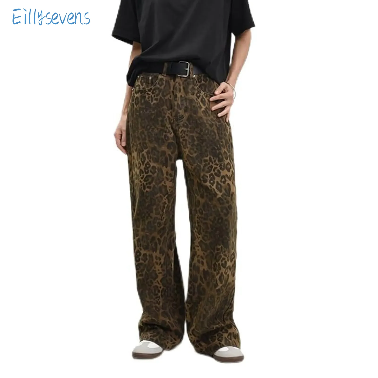 

Leopard Denim Pants Fashion Trend Baggy Straight High Waist Trousers Daily Commute Date All-Match Comfortable Oversized Jeans