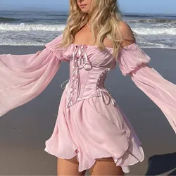 Women Chiffon Mini Dress Chic Bandage Corset Belt Fairy Vintage Long Puff Sleeve Sundress Slash Neck Bridesmaid Bodycon Beach