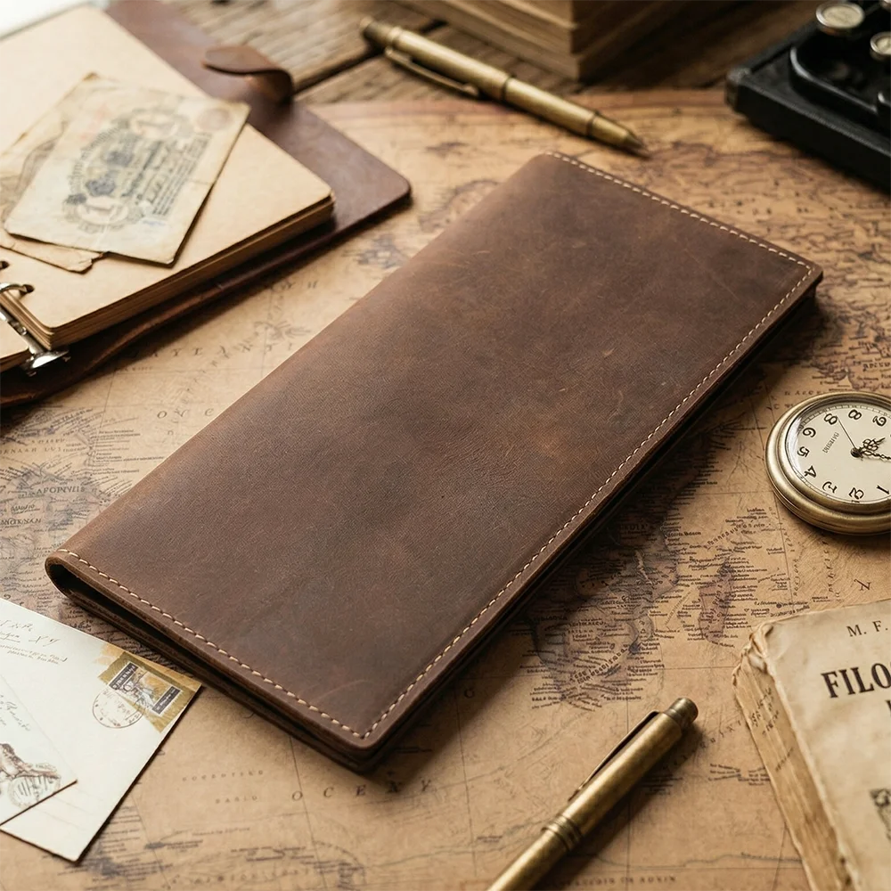 

Винтажный мужской длинный кошелек из кожи Crazy Horse, натуральный кожаный кошелек для бизнеса с несколькими отделениями для карт, дорожный держатель для паспорта