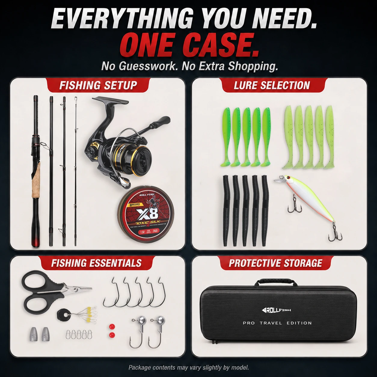ROLLFISH Portable 4-Piece Travel Bass Fishing Rod Reel Combo Kit Line Lures Scissors Bag M Power Spinning Casting Gift Set