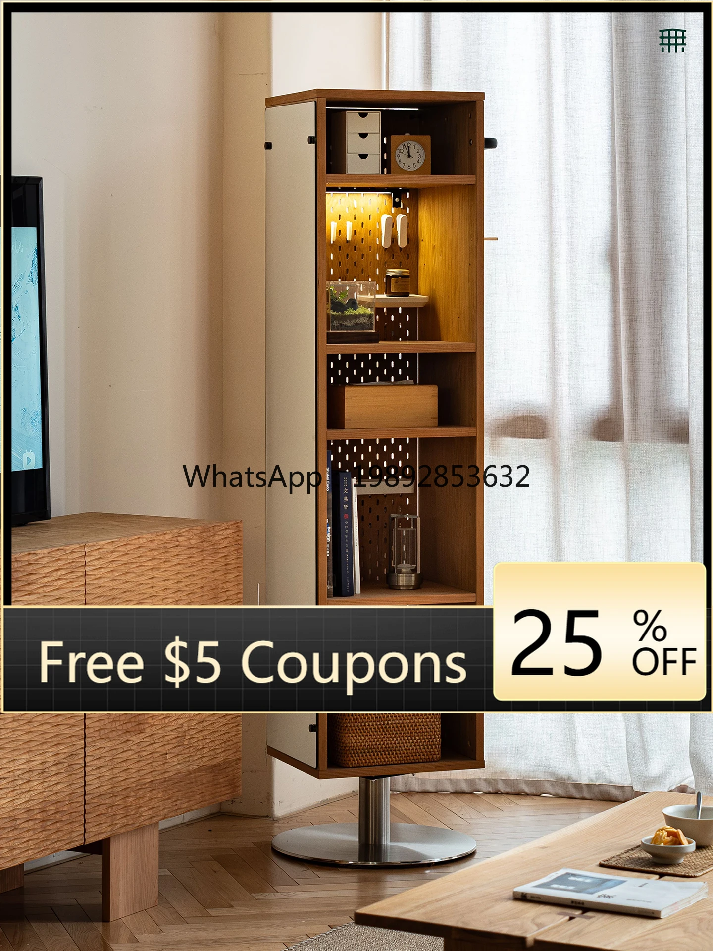 

LYY Rotating Bookshelf Solid Wood Full-Length Mirror 360 Degree Living Room Small Apartment Floor Storage Cabinet