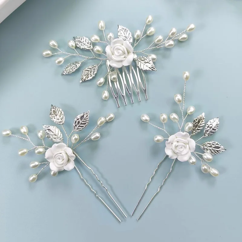 

1 комплект, свадебные аксессуары для волос для женщин, головной убор с белым цветком и жемчугом, тиара, свадебный зажим, заколки для волос, расчески для невесты, орнамент