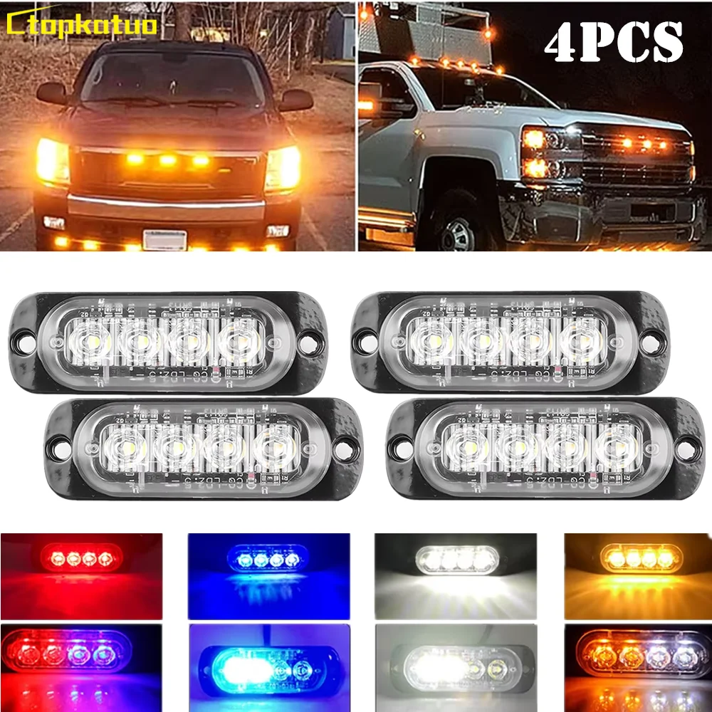 4PCS 12V 24V Warning Strobe Lamp Car 4LED Emergency Lighting Flashing Light Truck Strobe Grille Beacon Lamp Car Side Lights