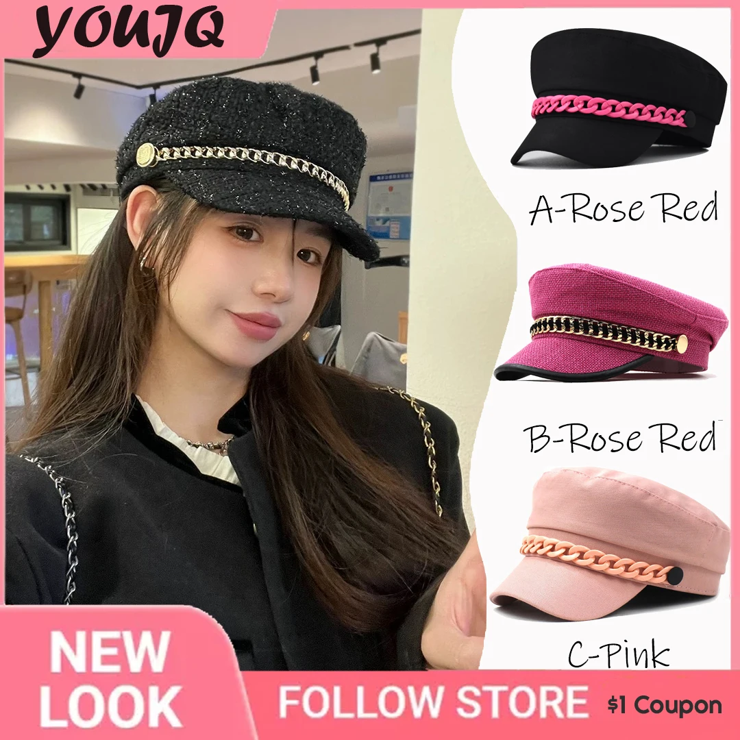 

Harajuku British Beret Chain Military Cap for Women Casual Flat Hats Captain Cap Trucker Travel Cadet Painter's Octagonal Gorras