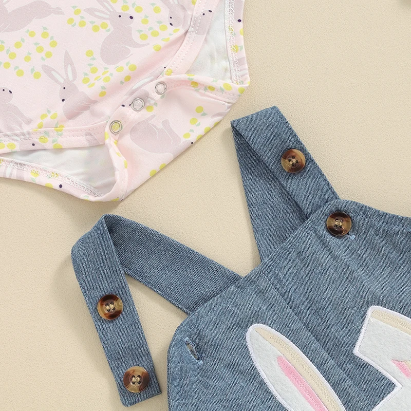 

Toddler Easter 3-Piece Set with Bunny Print Romper Denim Overall Dress and Matching Bow Headband for Baby Girl