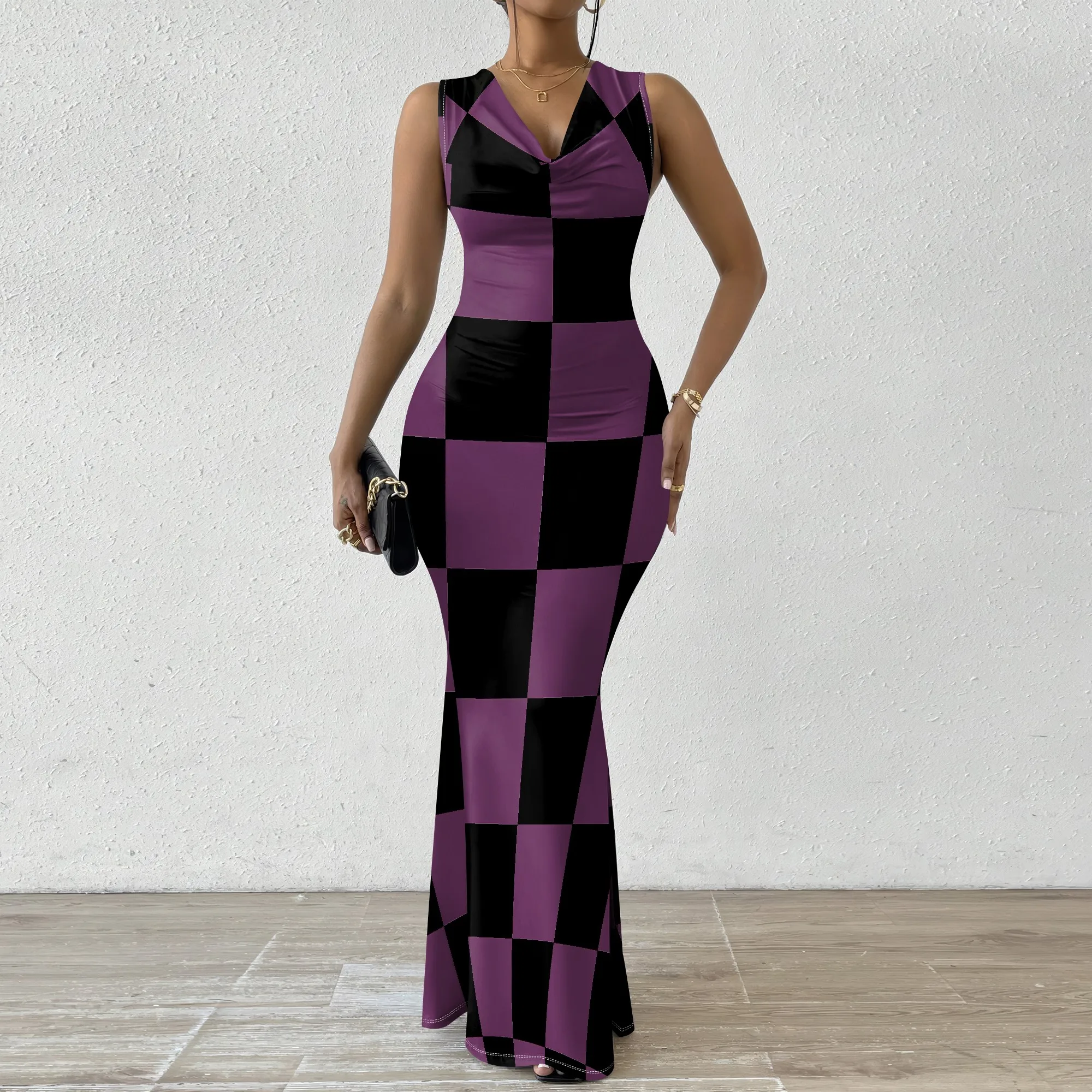 

Trendy Checkerboard Maxi Dress for Women XS-2XL Purple & Black Sleeveless Bodycon Dress for Party or Street Style