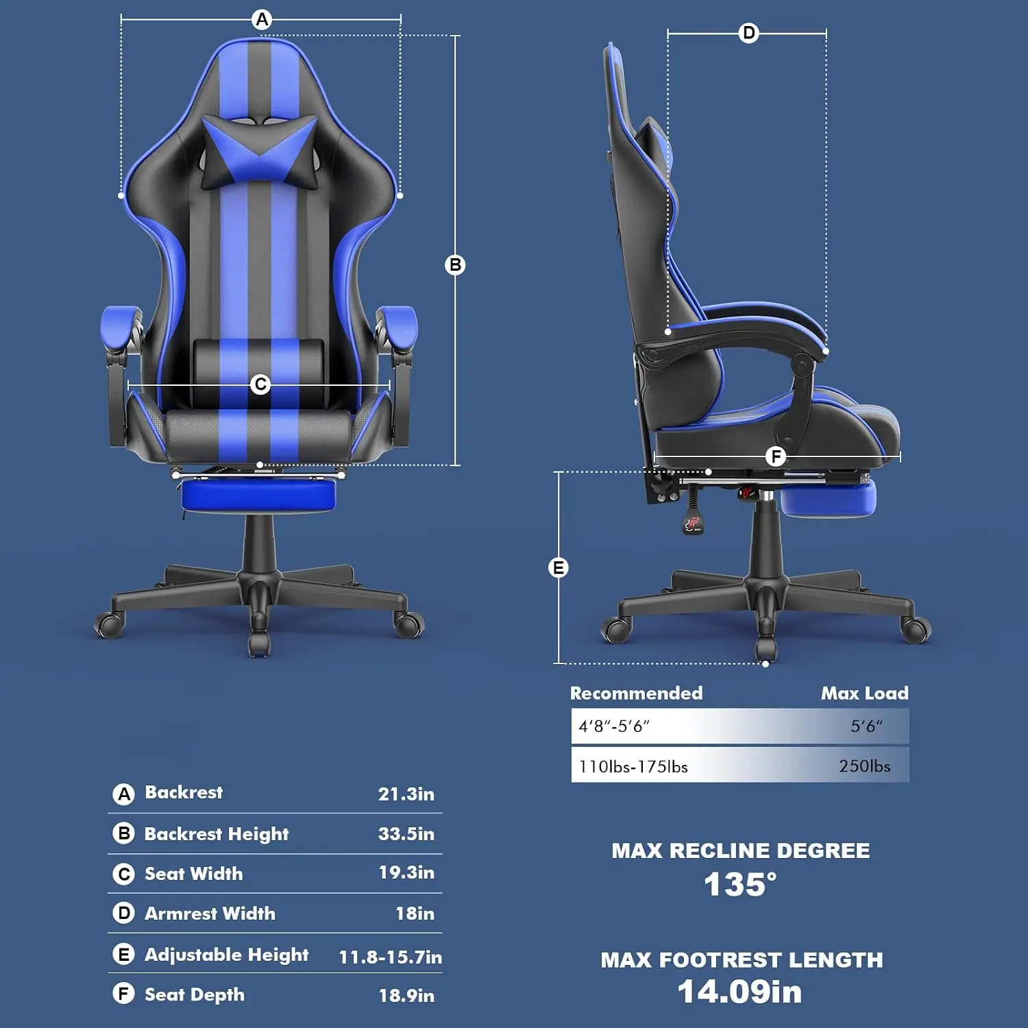 Gaming Chair with Footrest, Adjustable Ergonomic Computer Office Chair with Pillow, Video Game Computer Chairs for Adults, Racing Style Reclining Backrest Office Desk Chairs, Blue