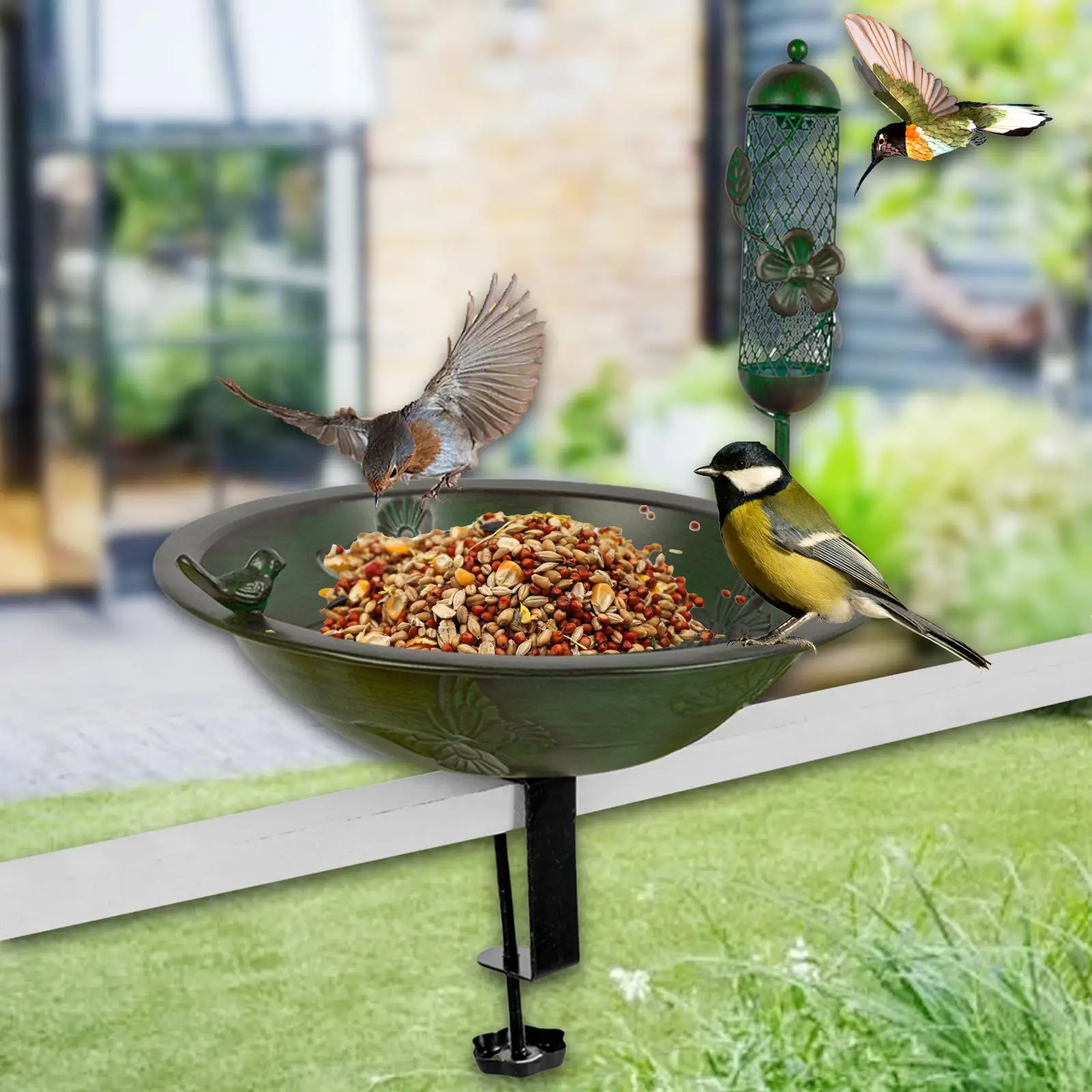 

Bird Bath for Outdoor Deck Mounted Bird Bath Bowl Iron Balcony Railing Birdbath with Adjustable Clip for Yard Deck Decoration