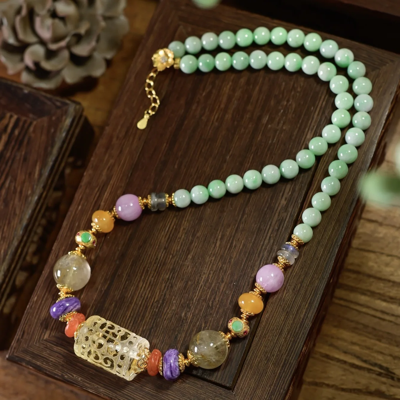 

Natural Grade-A Jadeite Choker Necklace, Carved Citrine Amber Kunzite, Chinese Style Gemstone Jewelry Gift for Women