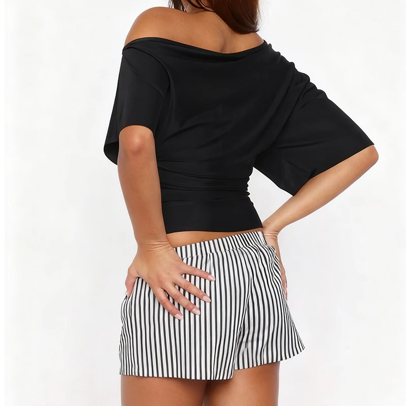 Off Shoulder Ruched Crop Tops Women Basics Tees Solid Color Skew Collar Short Sleeve T-shirts Summer Casual Club Streetwear image 4