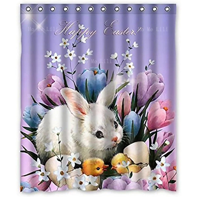 Happy Easter Bunny Eggs With Tulip Flowers And Gnomes Holiday Cloth Shower Curtain Spring Home Decorations