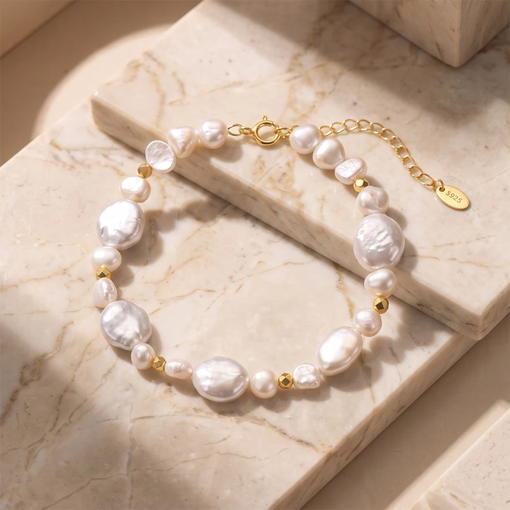 KISS MANDY Fashion 925 Sterling Silver Natural Baroque Pearl Beaded Bracelet for Women New in Designer Temperament Jewelry GPB61