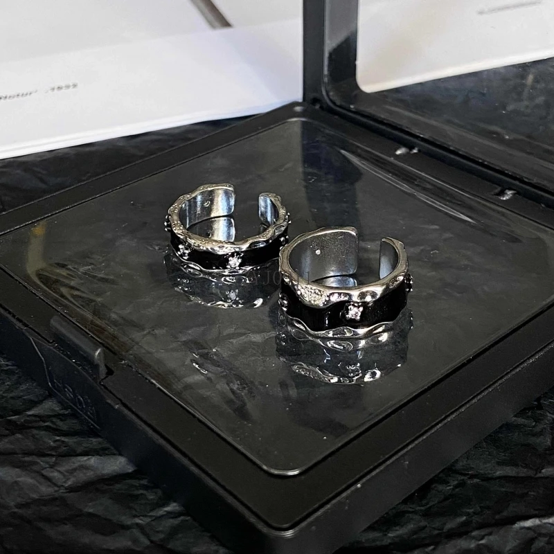 Anello coppia in argento sterling, anello per dito indice aperto con smalto nero, semplice e versatile