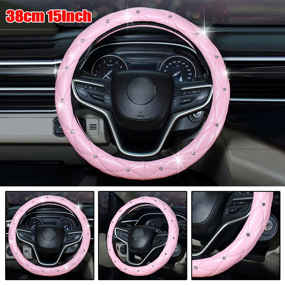1pc Pink Car Steering Wheel Cover 38cm/15Inch PU Leather Bling W/ Rhinestone Decor Exquisite Workmanship & Delicate Fashion