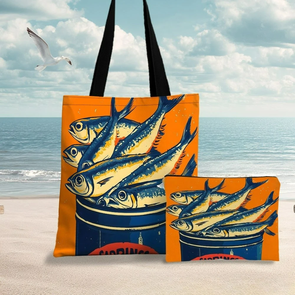 Bolso de mano con ilustraciones de cubo de sardina/bolso de playa con bolsa de maquillaje para mujer, bolso de compras reutilizable elegante, bolso de hombro para viaje y Camping