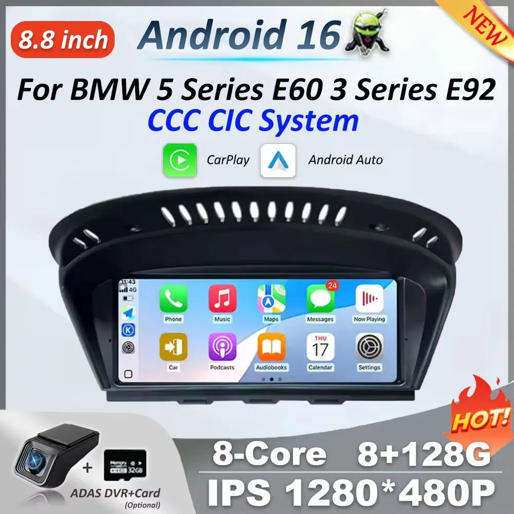 

Беспроводная автомобильная мультимедийная радиосистема CarPlay Android 16 для BMW 5 3 серии E60 E61 E62 E63 E90 E91 E92 E93 CCC CIC GPS WIFI Проводной авто