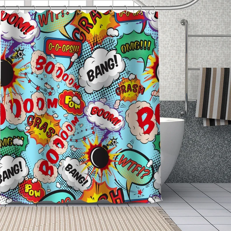 Comic-pop Art City Explosion Humor Expressions Shower Curtains Bathroom Curtain Fabric Washable Polyester for Bathtub Decor Set