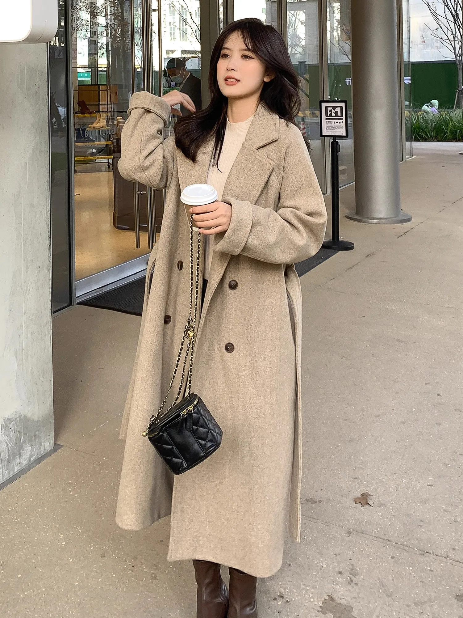 Oatmeal Color Double-sided Woolen Coat For Women\'s Mid Length 2023 Korean Autumn/Winter New High-end Woolen Coat