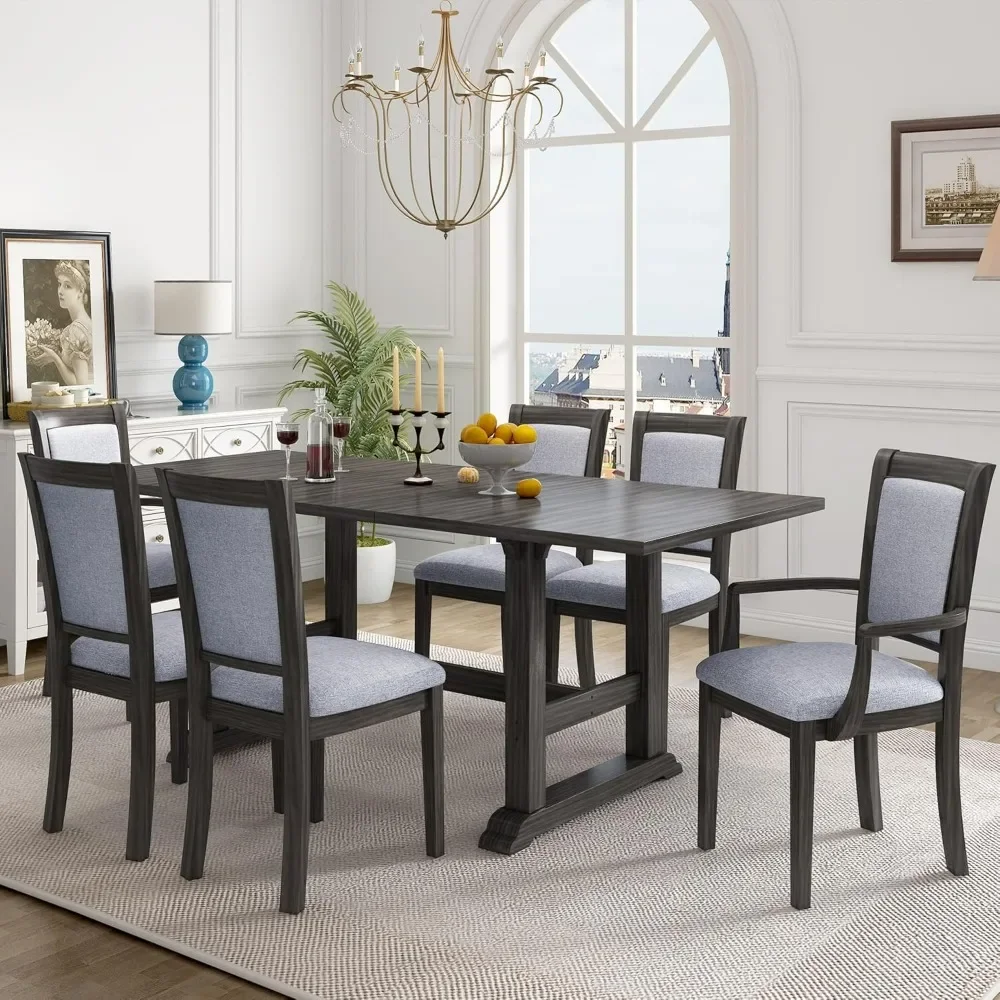 

7-Piece Dining Table Set, updated Trestle Table with Removable Leaf, Kitchen Table Set with 6 Side Chairs and Armchairs