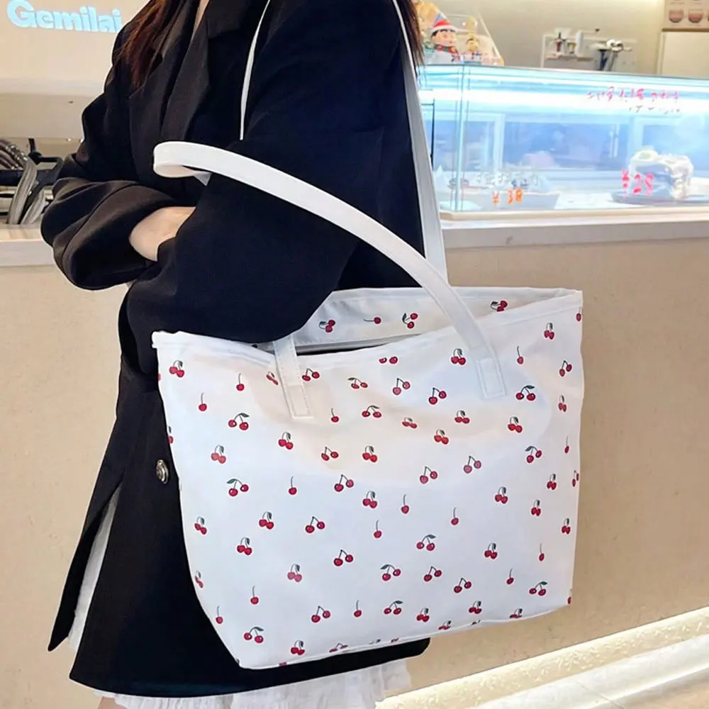 Fresh and Cute Cherry Print Multifunctional Tote Bag, Shoulder Tote Bag, Large Capacity Shopping Bag for Daily Shopping, Vacation Travel Bag, Canvas Student Bag