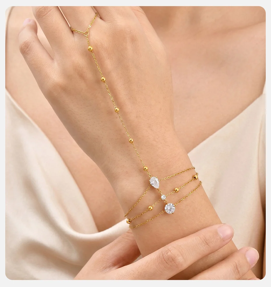 Vnox Elegantes Herz-Blumen-Zirkon-Armband mit Fingerring für Damen, Vergoldet mit Rosa CZ Tropfenförmigem Mehrschichtigem Ring-Armband, Party-Schmuck – Detail 5