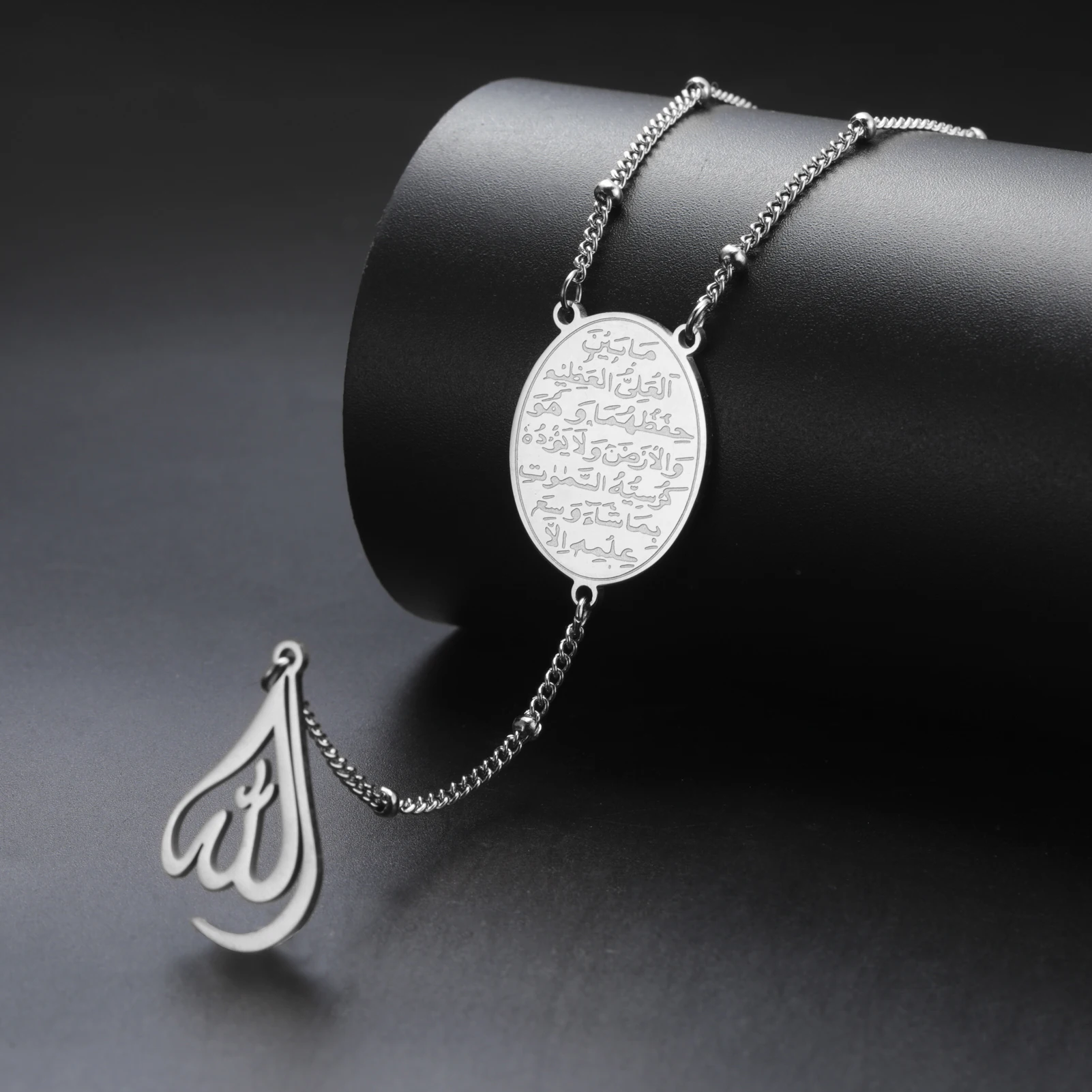 Vassago Arabic God Allah Necklaces With Beads Chain Islamic Muslim Rune Round Pendant Necklace Stainless Steel Amulet Jewelry
