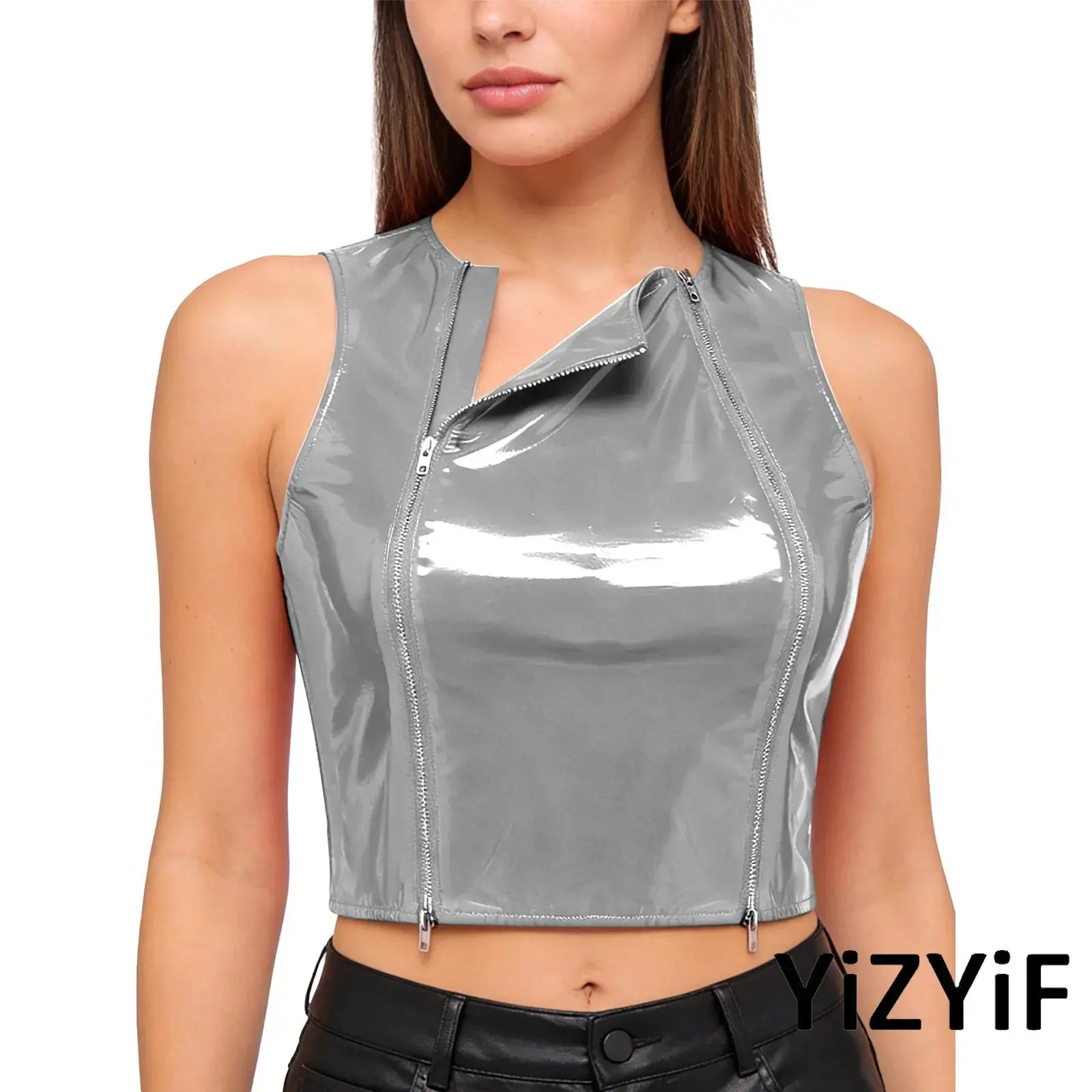 

Glossy Wet Look Crop Top for Women PU Leather Sleeveless Front Dual Zippers Slim Fit Tank Top for Disco Club Rave Party Dance