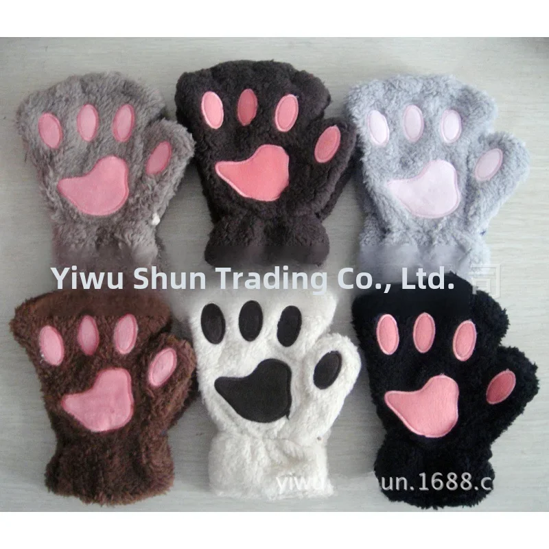 Cat Claw Gloves Winter Cute Cartoon Cat Girls Fingerless Gloves Thickened Velvet Bear Paw Half Finger Gloves