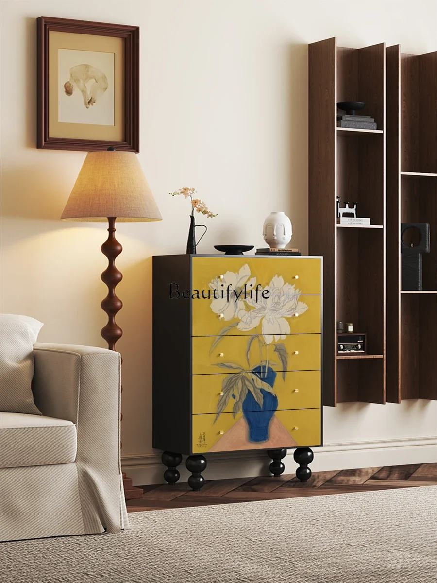 FG26French Retro Living Room Wall-Mounted Solid Wood Five-Drawer Storage Cabinet