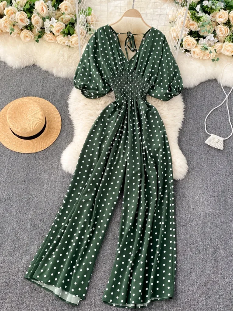 

Foamlina Women Summer Polka Dot Puff Sleeve Jumpsuit Elastic Waist Wide Leg Romper Casual V-neck Pocket Holiday Beach Overalls