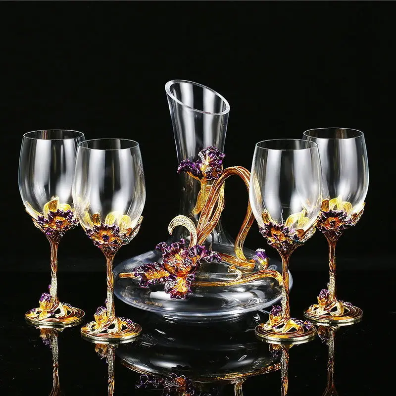 Enamel Metal Red Wine Glass Decanter Set Crystal Goblet Wine Cup Creative Lettering Set Gourd Bottles